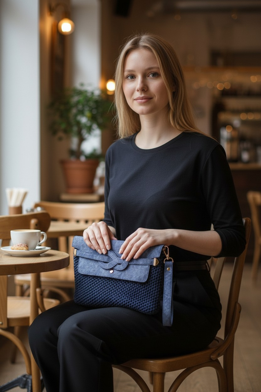 Deri Kapaklı Özel Tasarım Mavi Clutch Kadın Çanta