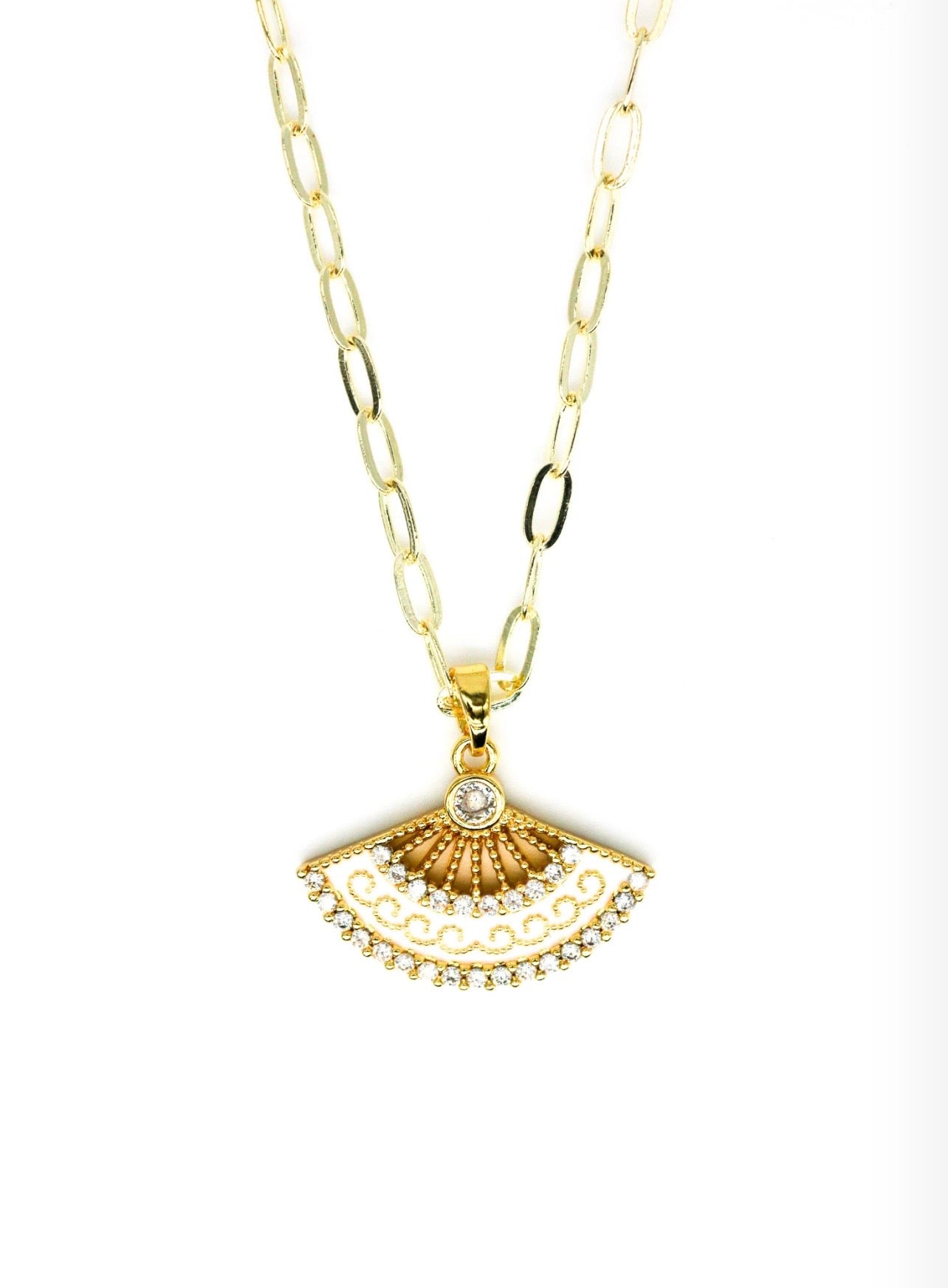 Zirkon Taşlı, Beyaz Mineli Yelpaze Zincir Kolye