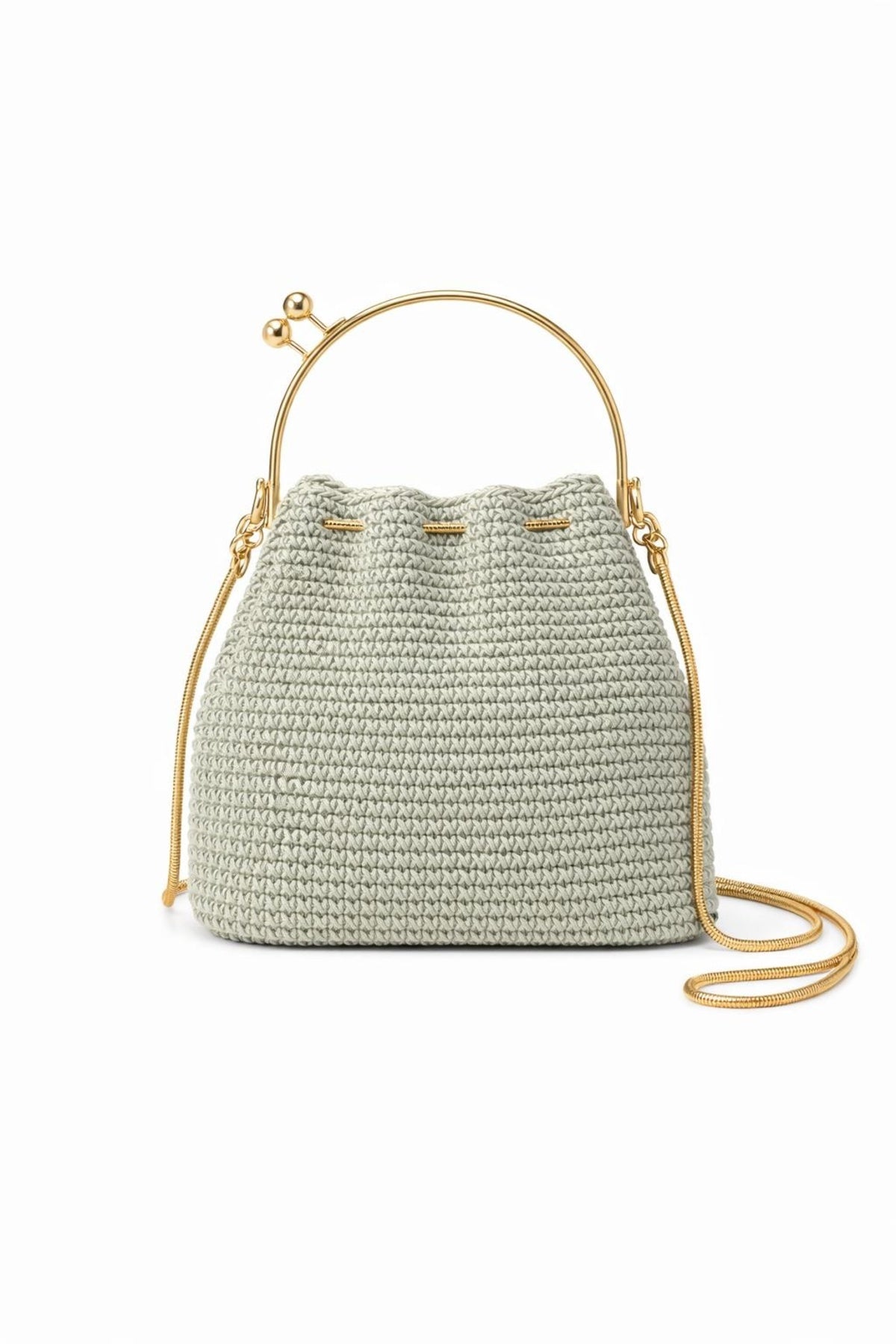 Altın Metal Saplı Mint Yeşil Renkte Tasarım Kova Çanta-