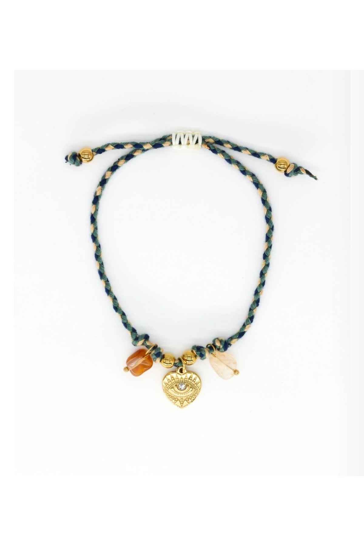 Asansör Makrome Bileklik, Kalp Göz Figürlü, Taşlı, Yeşil İpli