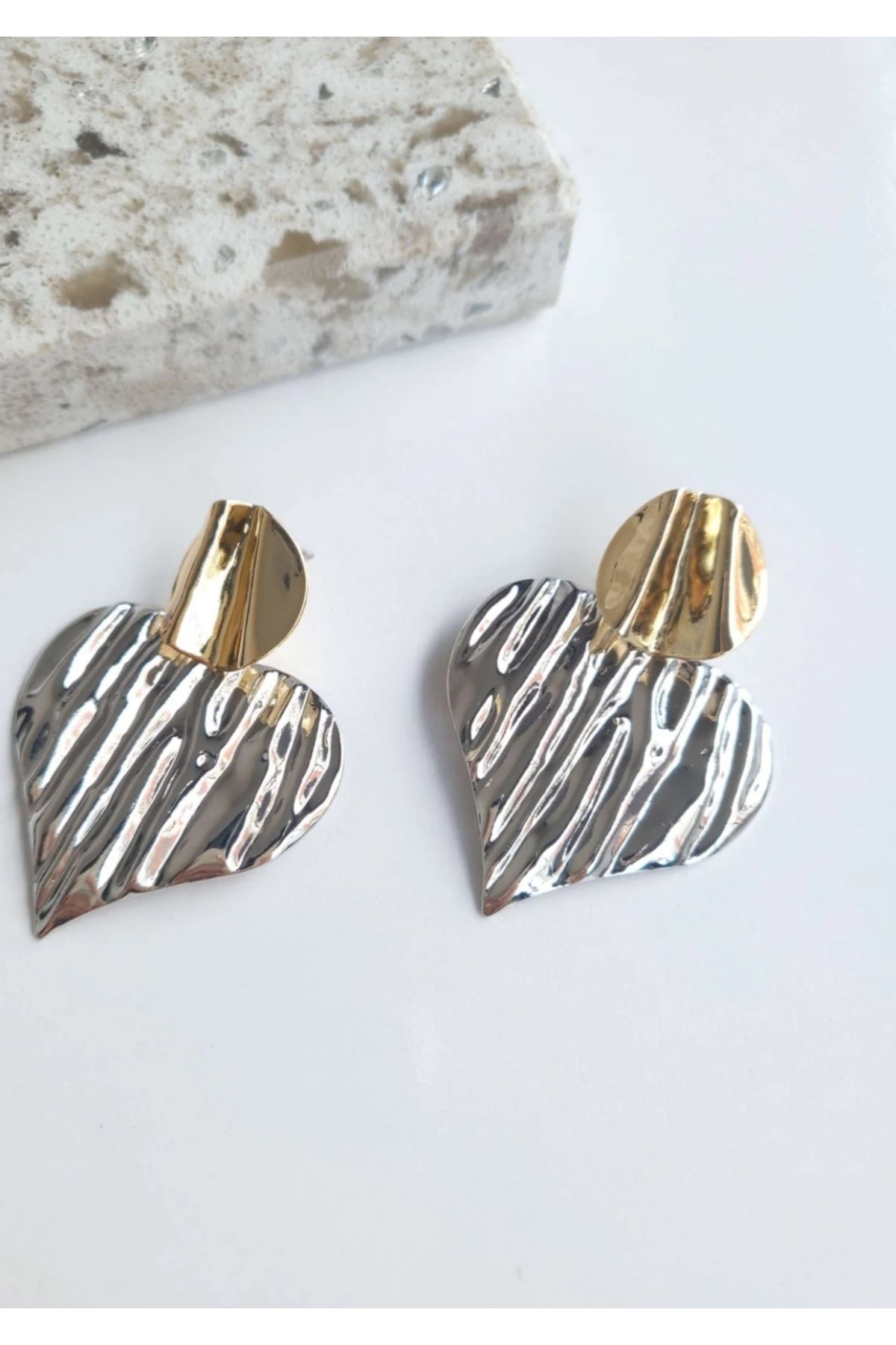 Vip Gri-gold Büyük Kalp Küpe