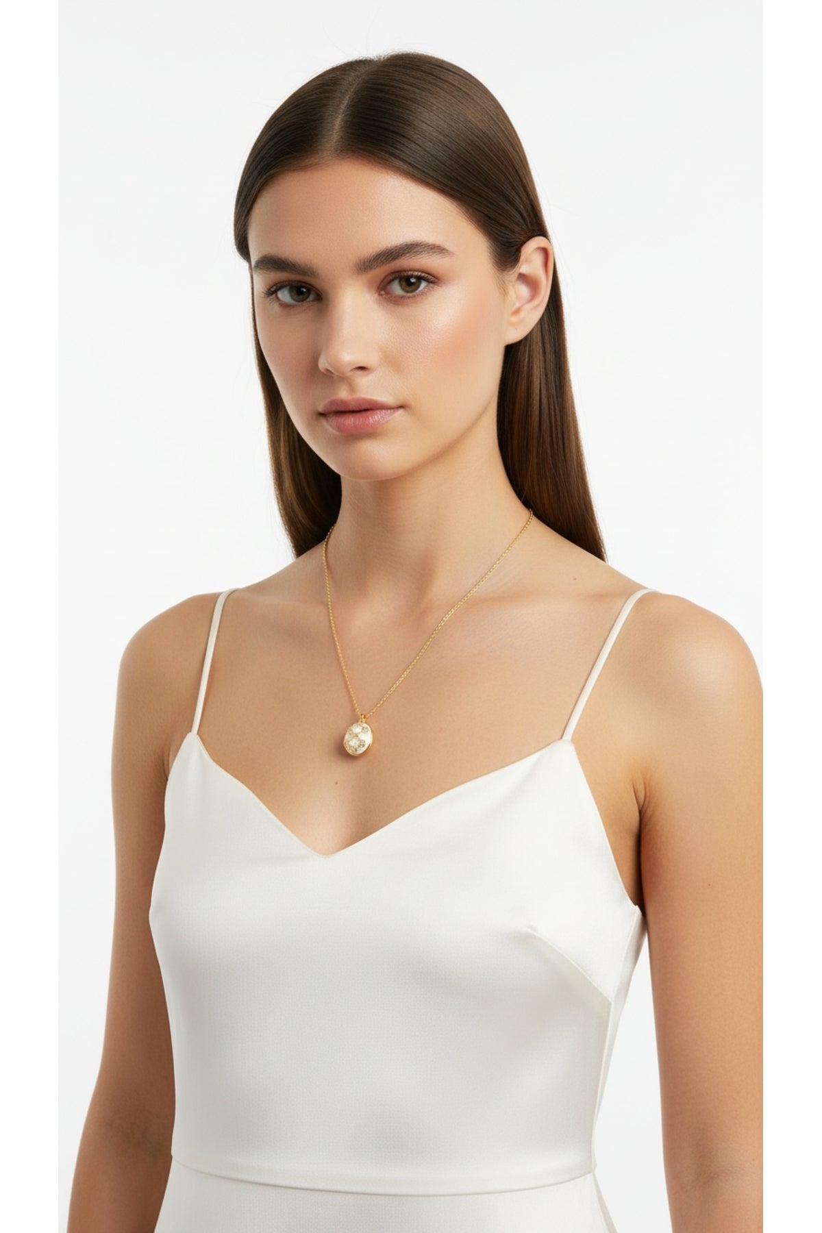 Beyaz Mineli Kapaklı Kolye - Çelik Kolye