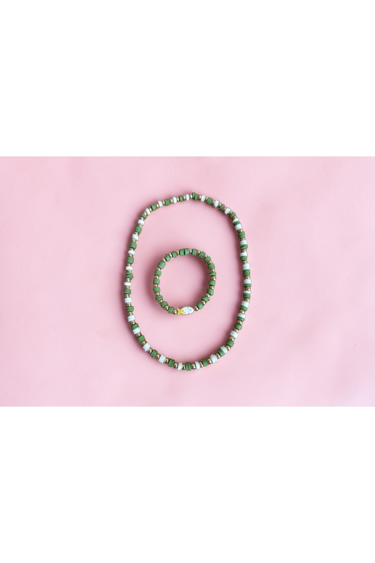 Mimoza Kids Yeşil Beyaz Boncuklu Balık Figürlü Çocuk Kolye Bileklik Takı Seti