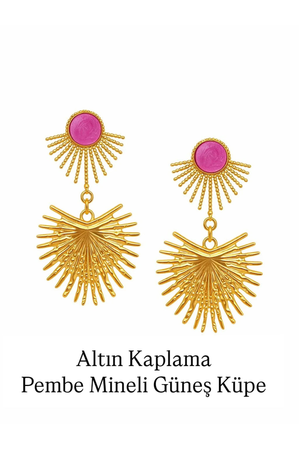 Güneş Model- Pembe Mineli, Altın Kaplama Sallantılı Küpe