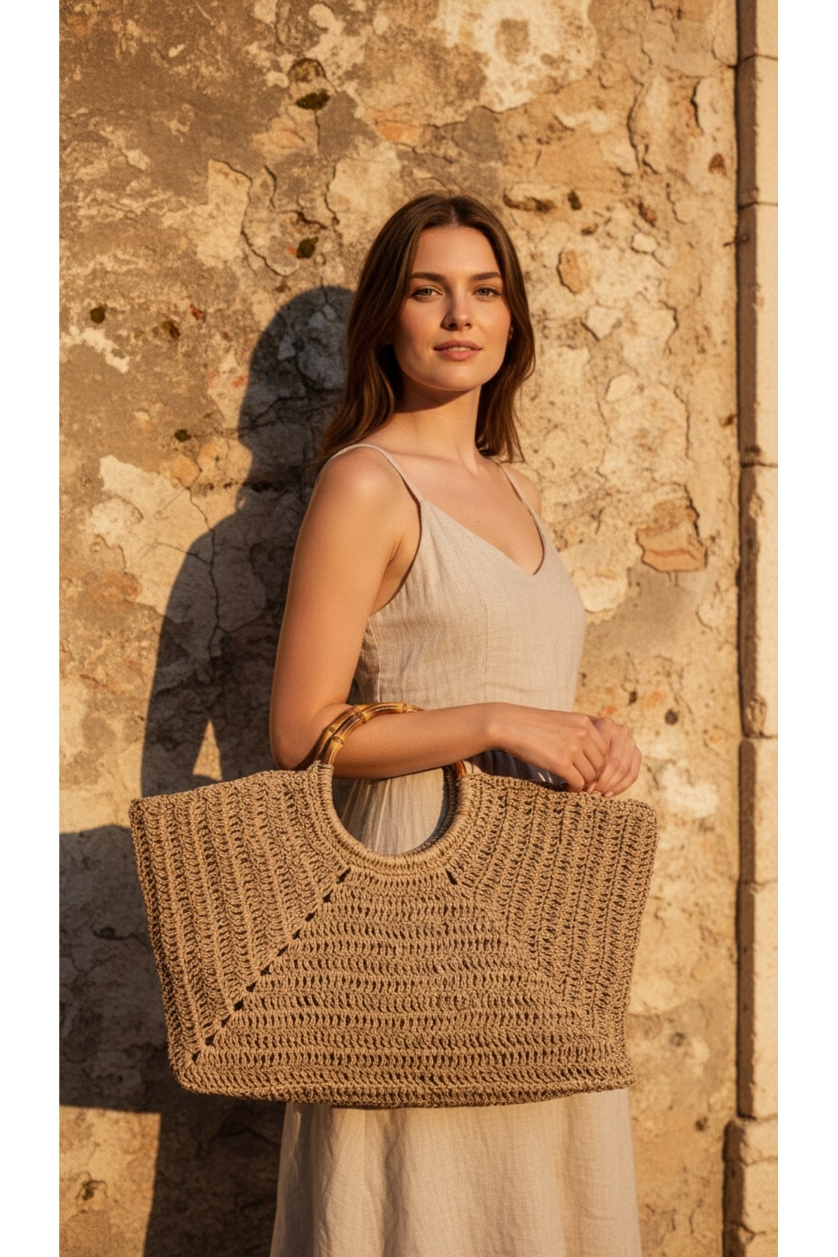 Ahşap Saplı Açık Hasır Renkli El Yapımı Çanta