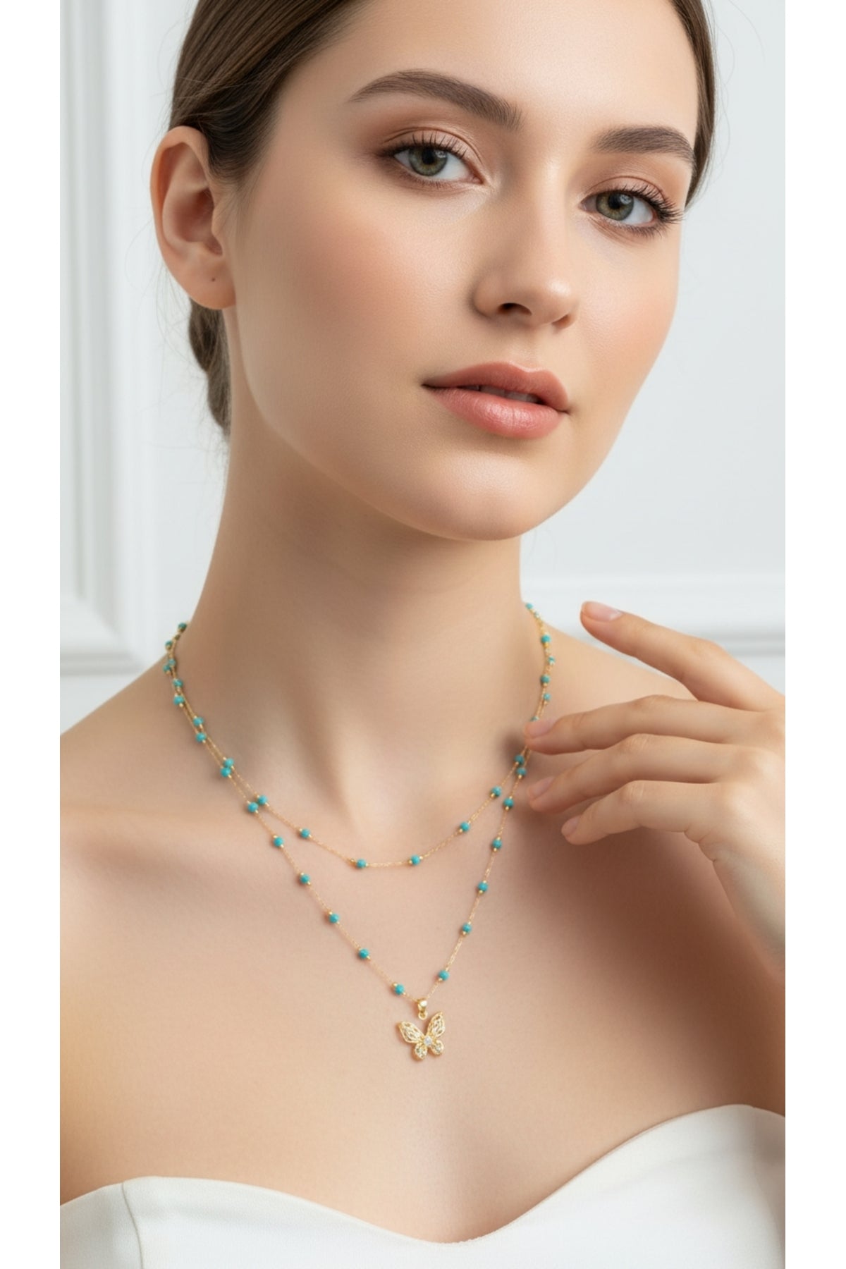 Çelik Mavi Boncuklu Kelebek Figür Trend Kolye