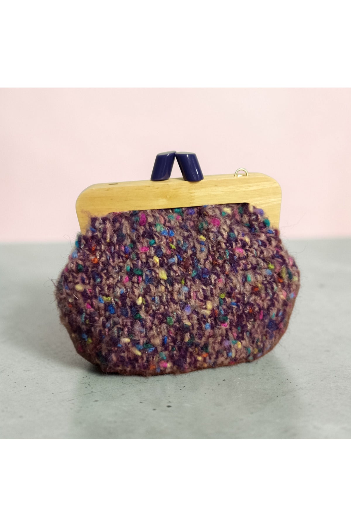 Ahşap Klipsli Örgü Kadın Portföy Çanta - Renkli Yün Dokulu Kadın El Çantası