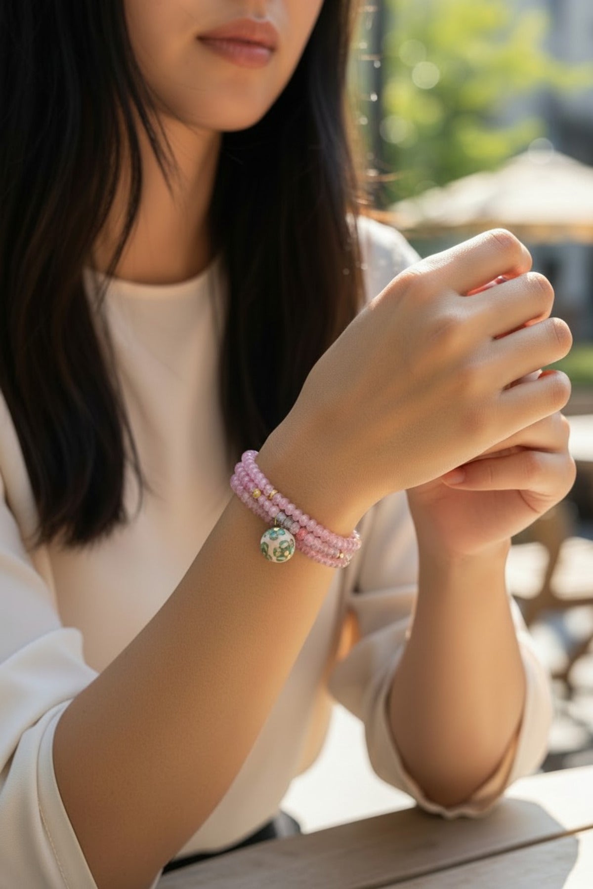 Pembe Kristal Boncuklu Çiçek Charm Kadın Bileklik