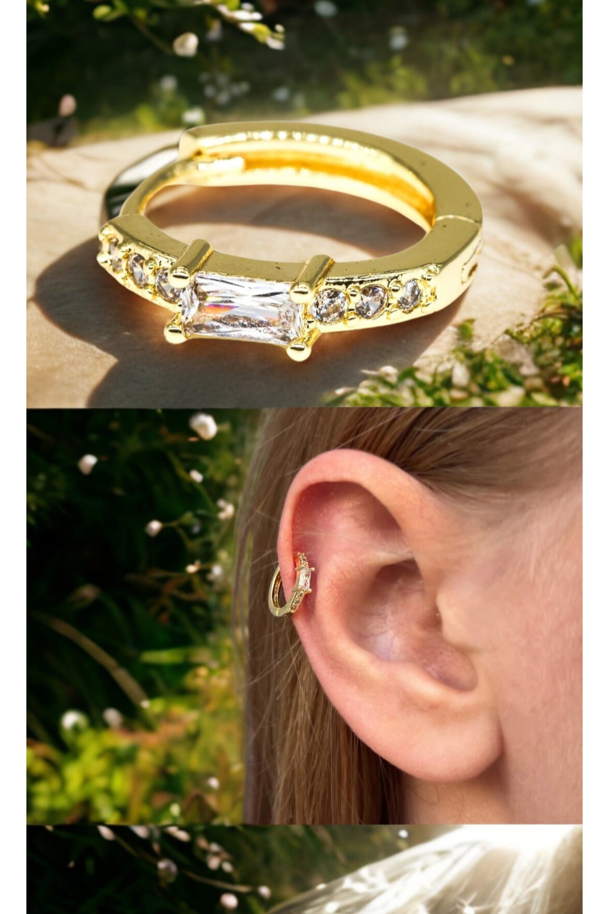 Zirkon Taşlı Tragus Küpe, Tektaş Bagetli Model