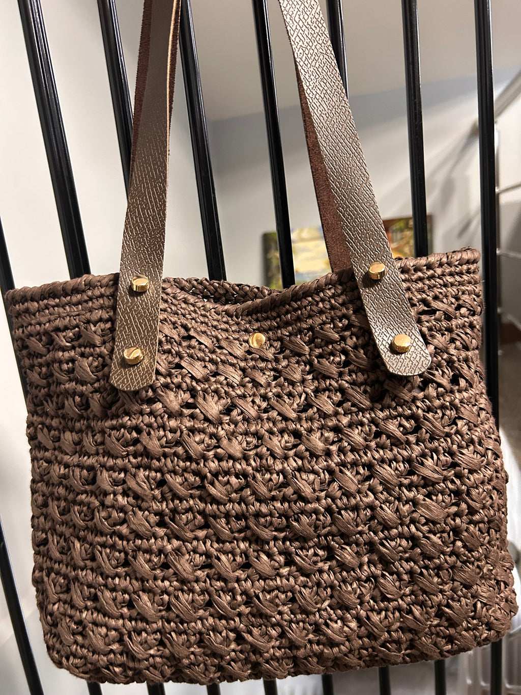 Doğal Dokulu Örgü Shopper Çanta- Kahve