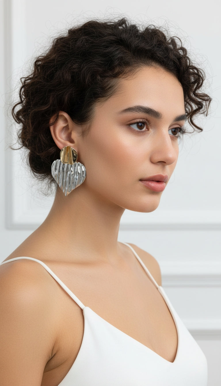 Vip Gri-gold Büyük Kalp Küpe