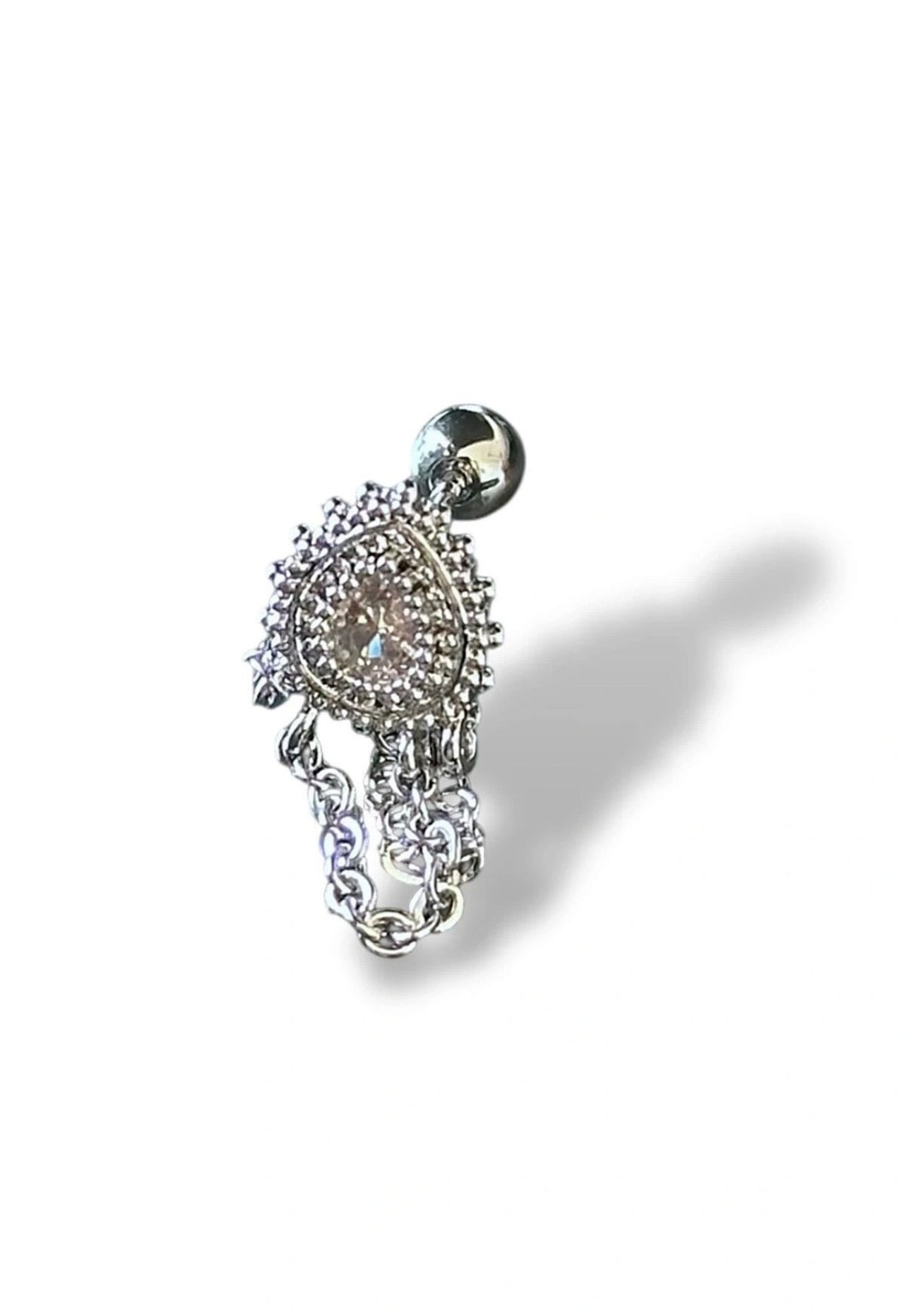 Çelik Tragus Küpe Zirkon Taşlı Zincirli Gümüş Renk Minimal Piercing Küpe