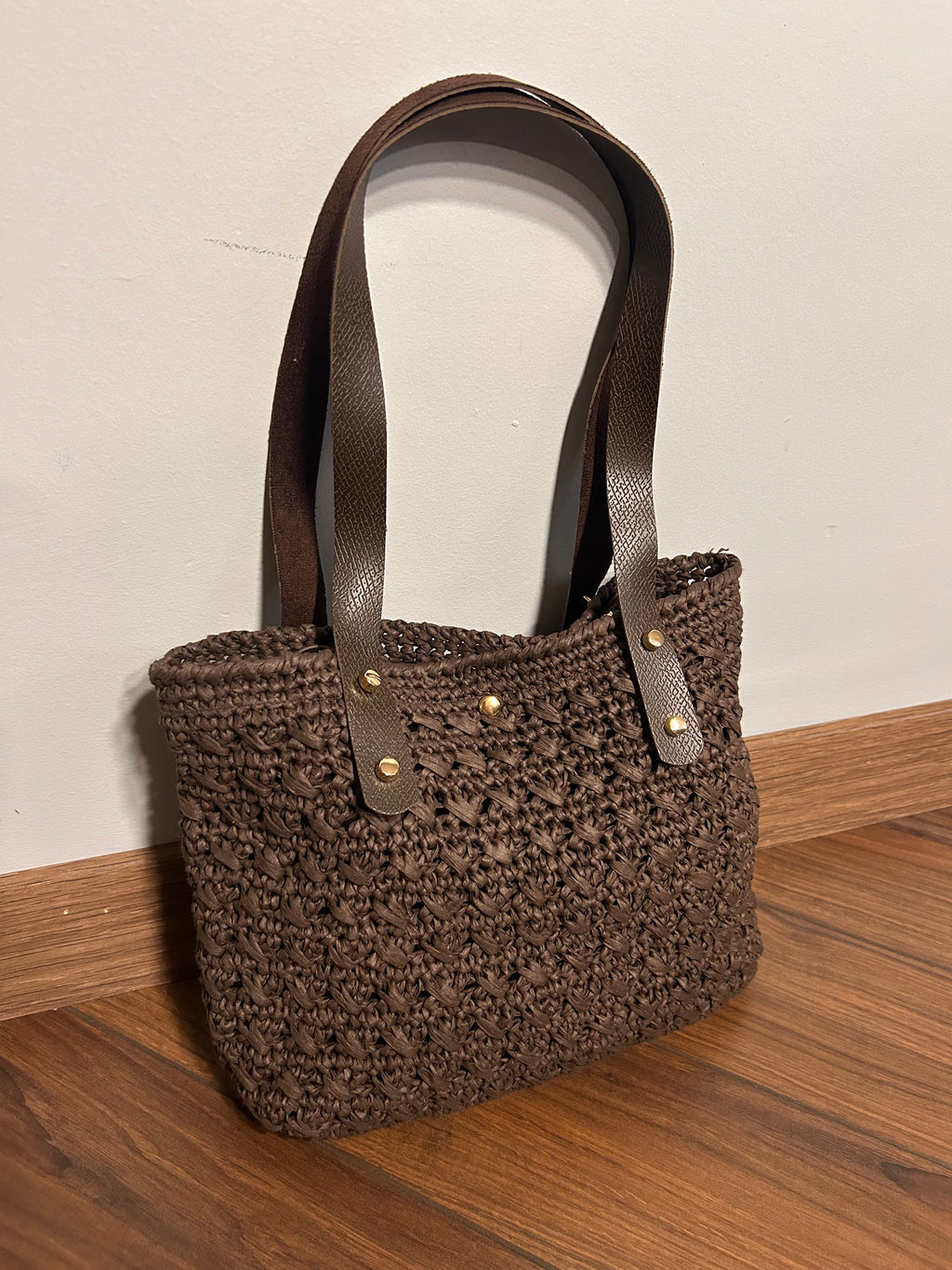 Doğal Dokulu Örgü Shopper Çanta- Kahve