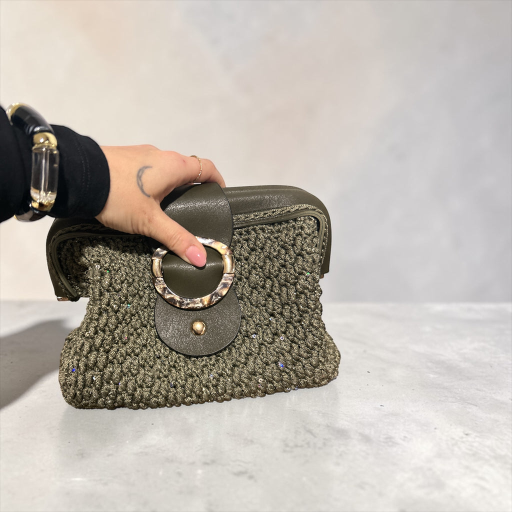 Haki Yeşil Kadın Çanta - Vintage Tokalı El Yapımı Şık Clutch & Omuz Çantası
