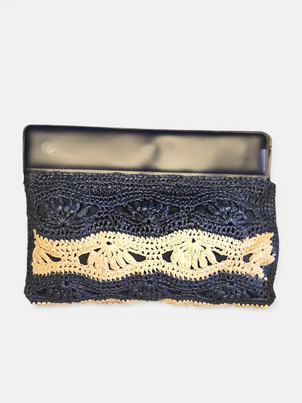 Mıknatıs Kapamalı Lacivert-Krem Tasarım Clutch Çanta